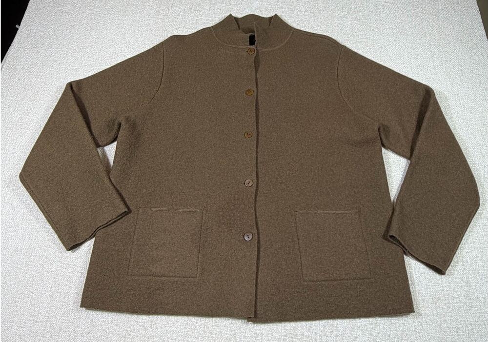 Eileen Fisher Women Medium Brown 100% Boiled Wool Button Front Dress Jacket
